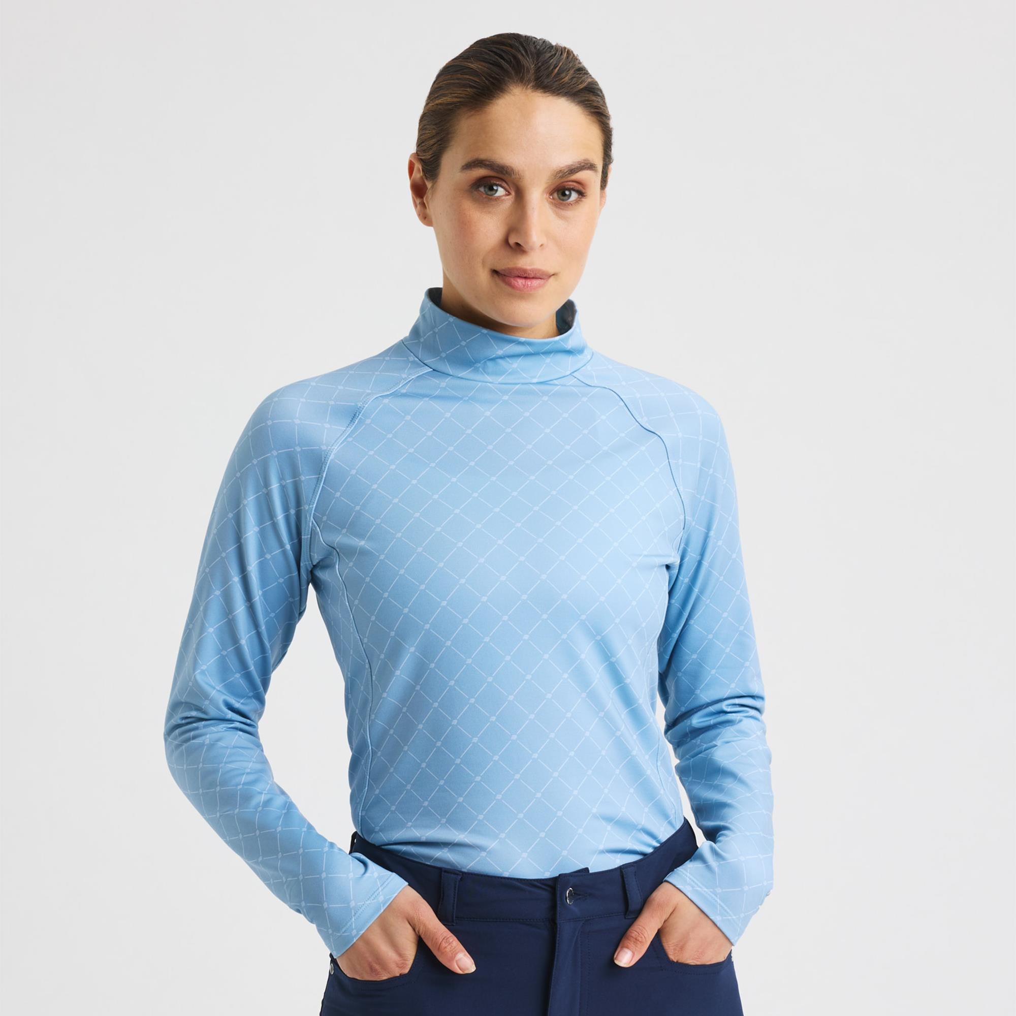 Rohnisch Warm High Collar Ladies Golf Top Micro R Check Dove Blue